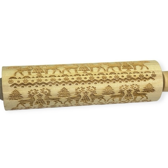 3D Engraved Christmas Wooden Rolling Pins Elk Deer Snowflake - Picture 5 of 5